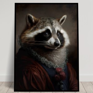Retrato de un mapache noble de estilo barroco, Decoración de pared de animales, Póster de mapache, Póster para enmarcar