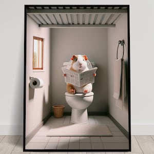 Foto di una cavia che legge il giornale sul water, decorazione divertente per il water, cornice decorativa per il bagno, poster per il water, regalo divertente