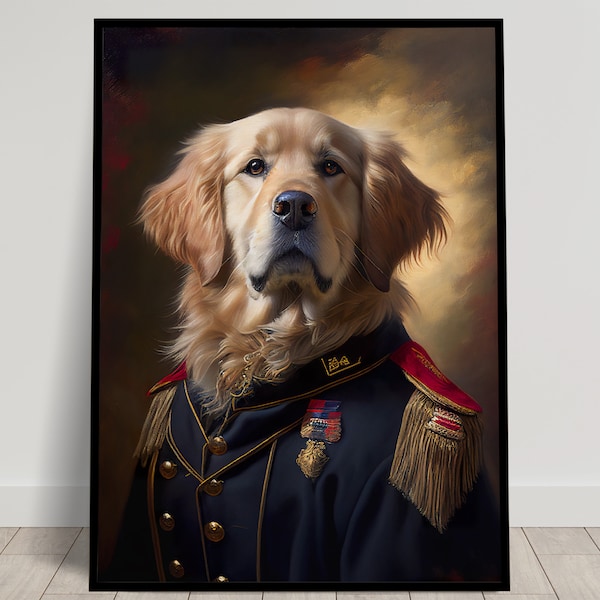 Portrait d'un Golden Retriever en Uniforme Militaire, Décoration murale animaux, Poster chien, Impression murale chien héroïque, Art mural