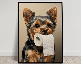 May include: A Yorkshire Terrier dog with brown and black fur is holding a roll of white toilet paper in its mouth. The dog is looking directly at the viewer.