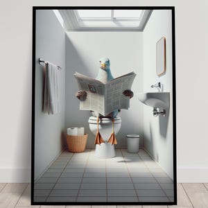 Foto di un gabbiano che legge il giornale sul water, decorazione divertente per il water, cornice decorativa per il bagno, poster per il water, regalo divertente