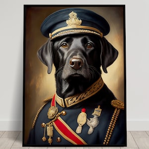 Retrato de un labrador negro con uniforme militar, decoración de pared de animales, cartel de labrador negro