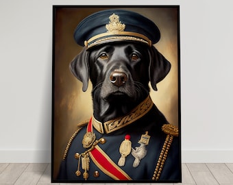 Portrait of a Black Labrador in Military Uniform, Animal Wall Decor, Black Labrador Poster