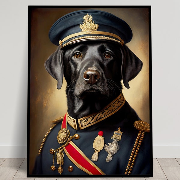 Portrait of a Black Labrador in Military Uniform, Animal Wall Decoration, Black Labrador Poster