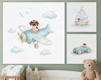 Set van 3 babykamerdecoraties met Duitse korthaarpointer: vliegtuig, boot en auto, wanddecoratie voor de kinderkamer, hondenillustratie, kraamcadeau