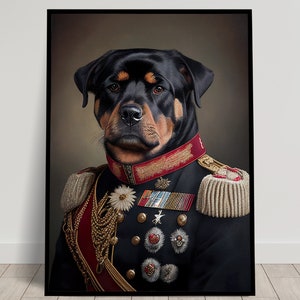 Retrato de un Rottweiler con uniforme militar, Impresión de pared heroica de Rottweiler, Póster de perro, Arte de pared de animales divertidos, Pintura mural