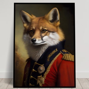 Retrato de un zorro con uniforme militar, Decoración de pared de animales, Cartel de zorro, Arte de pared, Impresión de pared de zorro heroico