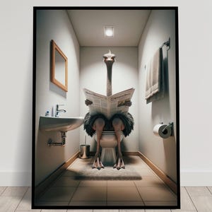 Foto di uno struzzo che legge il giornale sul water, decorazione divertente per il water, cornice decorativa per il bagno, poster per il water, regalo divertente