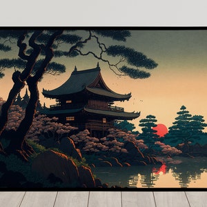 Japanisches Tempel-Wandposter, Illustration im japanischen Kunststil, Seelandschafts-Wanddekoration, Poster zum Einrahmen