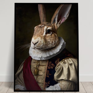 Portrait of a noble Rabbit baroque style, Wall decoration animals, Rabbit poster, Wall poster to frame