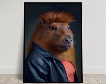 Portrait of a Capybara 1980s Star With a Mullet Haircut, Cheesy