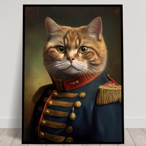 Portrait of a Ginger Cat in Military Uniform, Animal Wall Decor, Feline Poster, Wall Poster to Frame, Cat Hero Canvas