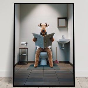Foto di un Airedale Terrier che legge il giornale sul water, Decorazione dell'umorismo della toilette, Cornice decorativa del bagno, Poster della toilette n. 2