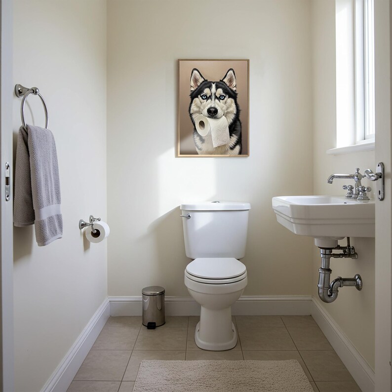 Husky with toilet paper roll in mouth, Toilet Humor, Sibe Gifts, Bathroom Print, Dog Lover Gift, WC Wall Art, Framed Print image 10