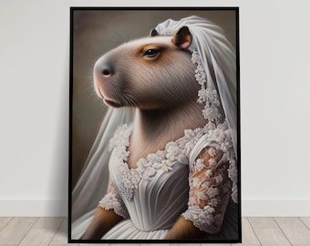 Portret van een capibara in een trouwjurk, dierenmuurdecoratie, capibara-huwelijksposter, bruidsmuurposter, grappige lijst