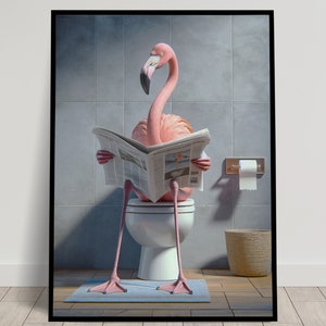 Foto di un fenicottero rosa che legge il giornale sul water, decorazione umoristica per WC, cornice decorativa per il bagno, poster per WC, regalo divertente