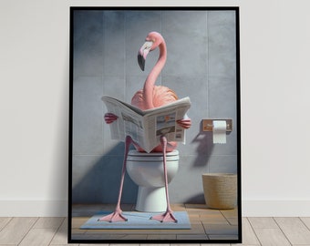 Photograph of a Flamingo reading the newspaper on the Toilet, Funny Bathroom Decor, Bathroom Wall Art, WC Toilet Poster, Unique Gag Gift
