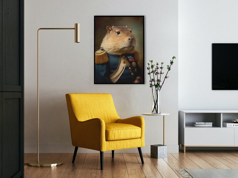 Ritratto di un capibara in uniforme militare, stampa di capibara, decorazione da parete con animali, poster di capibara immagine 3