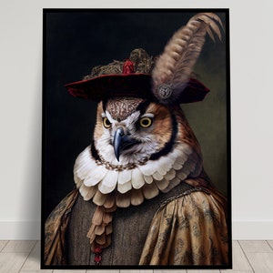 Portrait of a noble owl in baroque style, Animal wall decoration, Owl poster