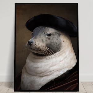 Retrato de una foca noble de estilo barroco, Decoración de pared de animales, Póster de foca, Póster de pared para enmarcar