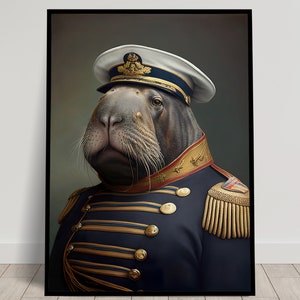 Portrait of a Walrus in Military Uniform, Heroic Walrus Wall Print, Walrus Poster, Funny Animal Wall Art, Official Painting