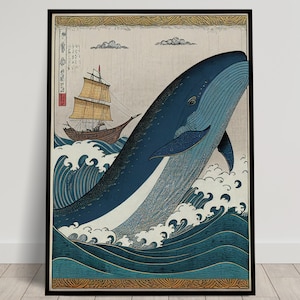 Whale and Boat Wall Poster, Japanese Art Style Illustration, Ukiyo-e Print Poster, Wall Art, Japan Whale Wall Decor