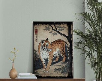 Tiger Wall Poster, Japanese Art Style Illustration, Ukiyo-e