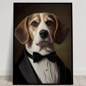 以下が含まれることがあります： 黒いタキシードと蝶ネクタイを着たビーグル犬の額装された肖像画。犬は茶色と白の毛皮で、大きな垂れ耳をしています。背景は暗く、ニュートラルな色です。