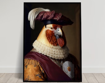 Portrait d'un poulet noble style baroque, Décoration murale animaux, Poster poulet