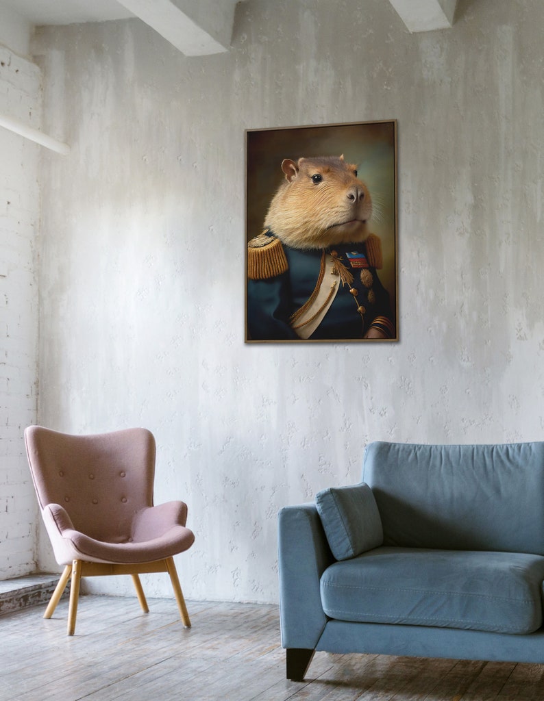 Ritratto di un capibara in uniforme militare, stampa di capibara, decorazione da parete con animali, poster di capibara immagine 7