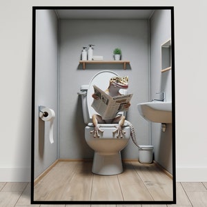 Foto di una lucertola che legge il giornale sul water, Decorazione umoristica del WC, Cornice decorativa per il bagno, Poster della toilette, Regalo divertente