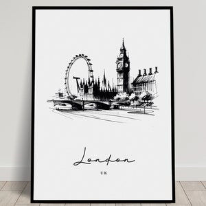 Affiche murale d'un paysage Londonien, Illustration noir et blanc de Londres, Art mural Salon, Décor chambre, Poster bureau, Idée Cadeau image 1