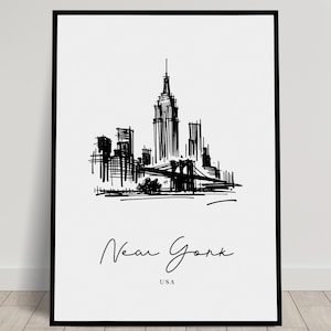 New-York City Poster, Black and White Sketch of NYC Landmarks, Living Room Wall Art, Bedroom Decor, Office Poster, Unique Travel Gift Idea