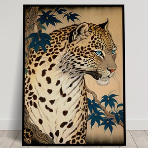 Leoparden-Wandposter, Illustration im japanischen Kunststil, Ukiyo-e-Druckposter, Wandkunst, japanische Leoparden-Wanddekoration