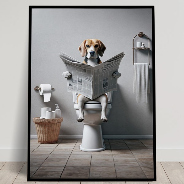 Photo d'un Beagle lisant le journal sur les toilettes, Décoration Humoristique WC, Cadre déco Salle de bain, Poster Toilettes, Cadeau Fun