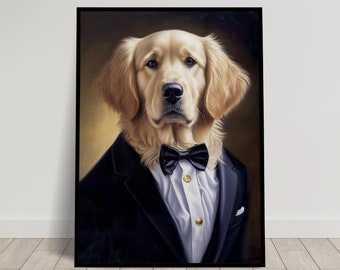 Portrait of a Golden Retriever in a Tuxedo, Animal Wall Decor