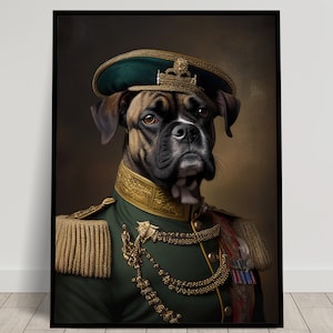 Retrato de un boxeador con uniforme militar, Decoración de pared de animales, Póster de perro boxer heroico, Póster de pared para enmarcar