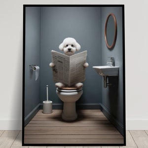Foto di un Bichon Frise che legge il giornale sul water, Decorazione umoristica per WC, Cornice decorativa per il bagno, Poster per WC, Regalo divertente