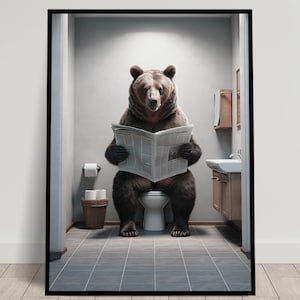 Foto di un orso bruno che legge il giornale sul water, decorazione umoristica per WC, cornice decorativa per il bagno, poster per WC, regalo divertente