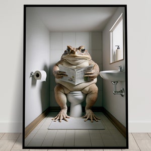 Foto di un rospo che legge il giornale sul water, decorazione umoristica per WC, cornice decorativa per il bagno, poster per WC, regalo divertente