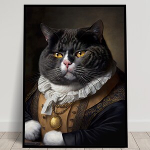 Retrato de un gran gato negro noble, estilo barroco, Decoración de pared de animales, Cartel felino, Cartel de pared, Cuadro antiguo