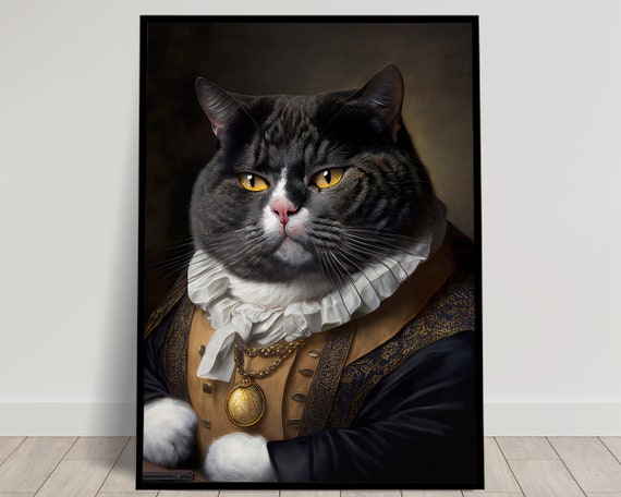 Portrait d'un gros Chat noir noble, style baroque, Décoration