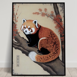 Red Panda Wall Art, Japanese Art Style Illustration, Ukiyo-e Print Poster, Wall Art, Red Panda Wall Decor Japan