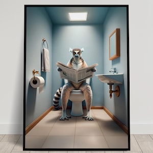 Photograph of a Lemur reading the newspaper on the Toilet, Funny Bathroom Decor, Bathroom Wall Art, WC Toilet Poster, Unique Gag Gift