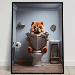Foto di un Chow Chow che legge il giornale sul water, Decorazione umoristica del WC, Cornice decorativa per il bagno, Poster della toilette, Regalo divertente per cani