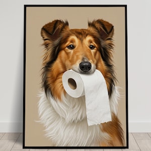 Collie che morde un rotolo di carta igienica, Umorismo sul bagno, Poster sul WC, Regalo Collie, Poster incorniciato, Poster sul cane