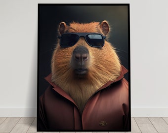 Portrait of a Capybara Action Movie Star, Kitsh Capybara Wall Poster, Capybara Sunglasses, Funny Poster to Frame