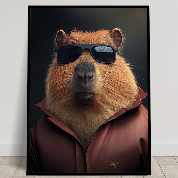 Portrait d'un Capybara star de film d'action, Affiche murale capybara kitsh, Capybara lunettes de soleil, Poster humoristique à encadrer