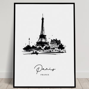 Poster da parete di un paesaggio parigino, Illustrazione in bianco e nero di Parigi, Arte della parete del soggiorno, Arredamento della camera da letto, Poster dell'ufficio, Idea regalo chic