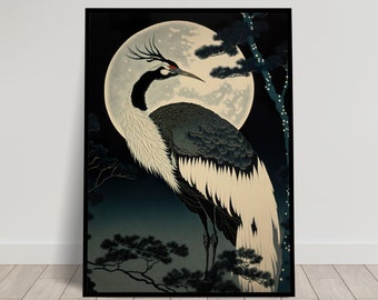 Moonlight Japanese Crane Wall Poster, Japanese Art Style Poster, Asian Wall Decor